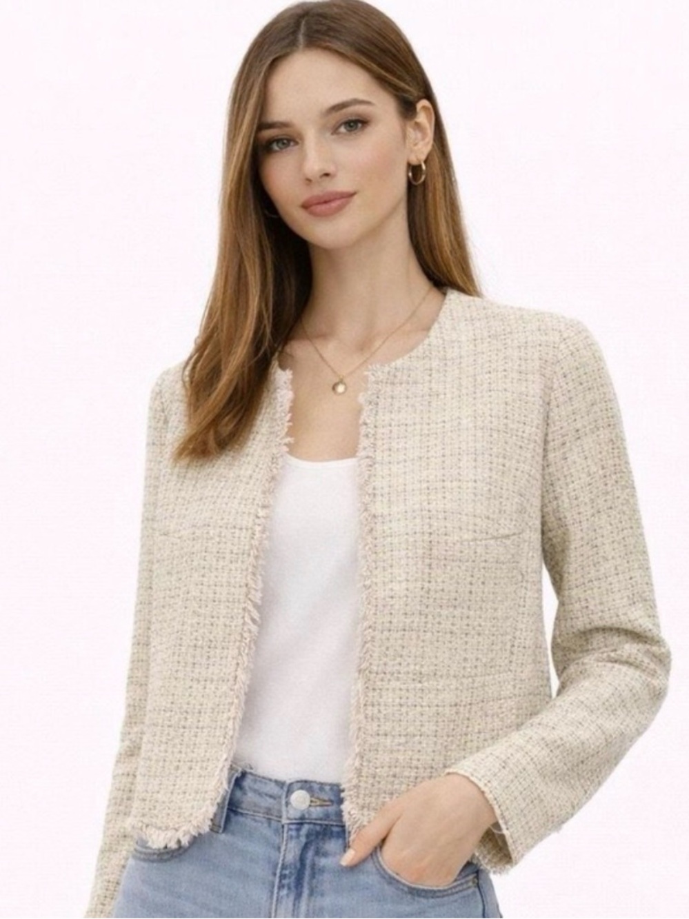 Banana Republic Cream Tweed Open-Front Blazer Jacket Size 6